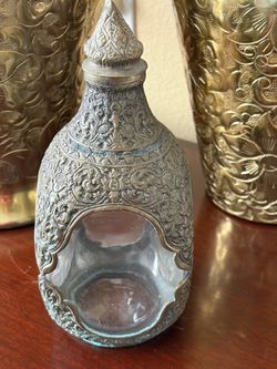 Antique Repousse Metal and Glass Decorative Bottle