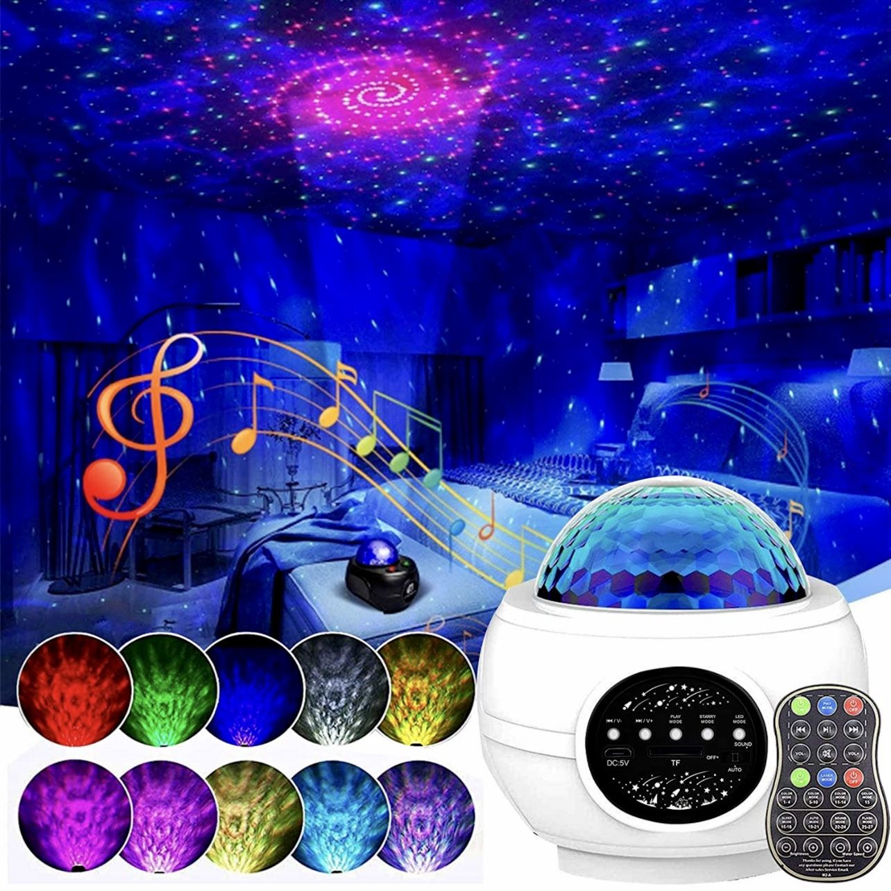 LED Space Sky Moving Ocean Wave Lamp with Remote, Room Decor, Bluetooth Music Speaker 