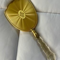 VINTAGE GOLD FRAME BEVELLED HAND MIRROR w/ CARVED CLEAR ACRYLIC LUCITE HANDLE