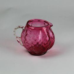 5" Cranberry Red PITCHER Basketweave Design with Clear Handle ☆ Unmarked FENTON