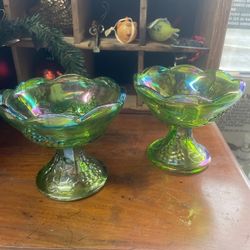 Vintage Pair Of Green Carnival Glass Candle holders Candlesticks 