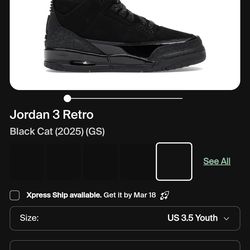 Jordan 3 Retro Black CAT
Used 
Size 1Y