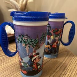 Disney whirley mug Christmas Happy Holidays blue sparkle lid and handle Set of 2