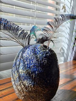 Vintage/Handmade Textured Blue Ceramic Ovoid Vase with Peacock Feathers