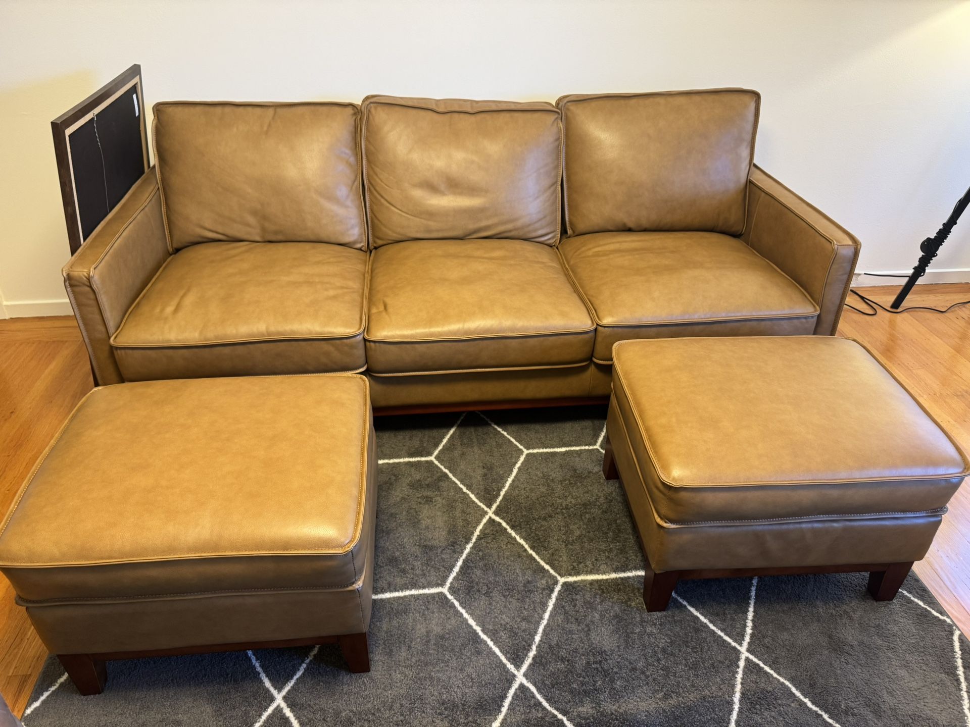 Tan walnut Mid Century Modern Leather Couch 3 Seats And 2 Ottomans