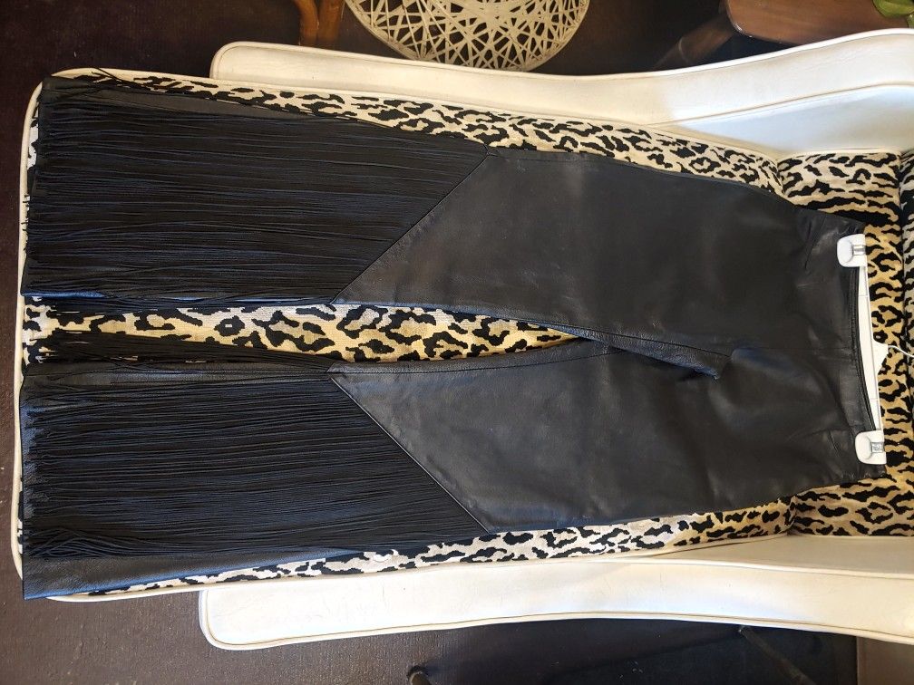 Vintage Lew Magram Leather Pants Size 6 Waist Black High Waist Six With Fringe Bottoms Rare Women's Ladies Biker Club Festival Posh Elegant Sleek