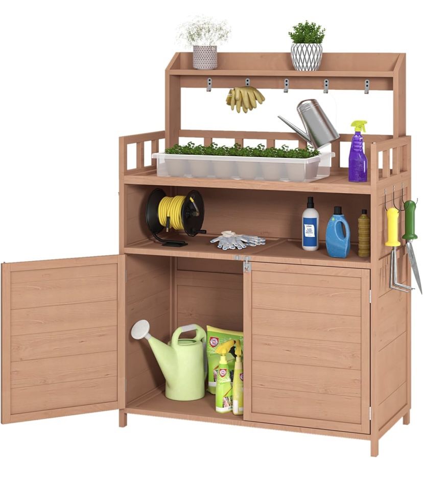New Assembled Outdoor Potting Bench with Large Storage Cabinet & Top Shelf Gardening Work Table