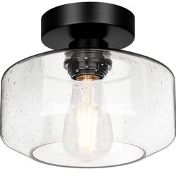 Semi Flush Mount Ceiling Light Fixtures, Matte Black Industrial Seeded Glass Lamp, Black Ceiling Light