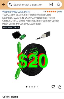 100M/328ft SC/APC Fiber Optic Internet Cable Extension, SC/APC to SC/APC Armored Fiber Patch Cable, SC to SC Single Mode OS2 Fiber Jumper Optical Patc