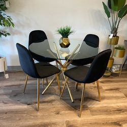 Black Gold Velvet Modern Glass Dining Set For 4