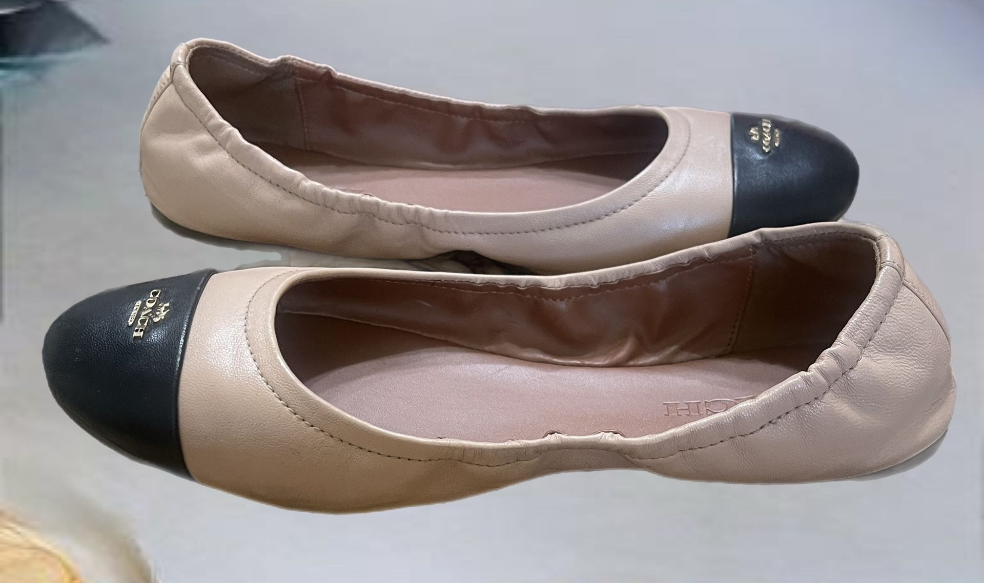tan, black, ballet flats, Coach, slip-on, minimalist, casual, comfortable, synthetic, everyday