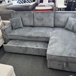 Reversible Sectional Sofa With Pull-out Bed Dark Gray Corduroy 