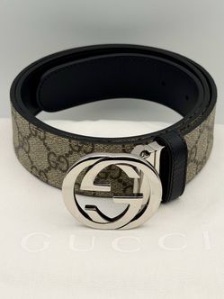 Gucci GG Supreme Beige Canvas & Black Leather Reversible Interlocking G buckle Belt Size 90