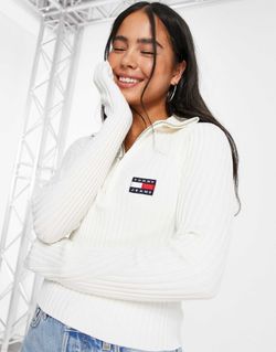 Tommy Jeans logo half zip knitted in white