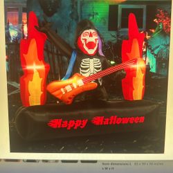 NEW Halloween Inflatables. 6.5ft Skull Guitarist Halloween Decorations Indoor, Standing On A Stage with Flames, Day of The Dead Skeleton Blow Up