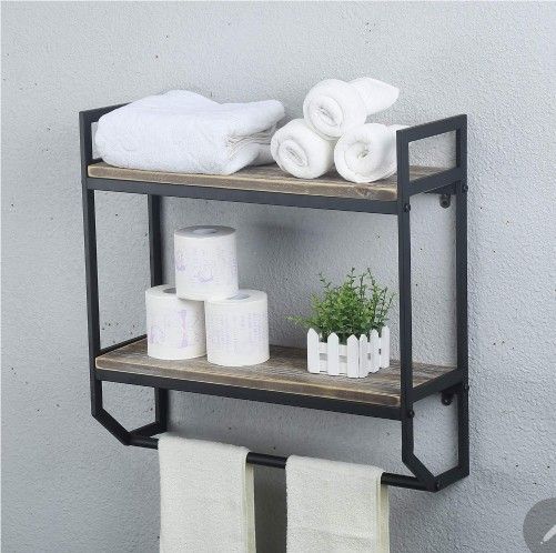 2-Tier Metal Industrial 23.6" Bathroom Shelves Wall Mounted,Rustic Wall Shelf Over Toilet,Towel Rack with Towel Bar,Utility Storage Shelf Rack, Floati