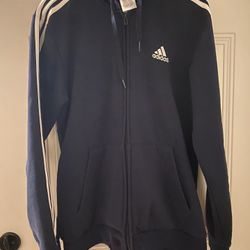 Adidas Men's Size Medium Navy 3 Stripe Full Zip Hooded Sweater