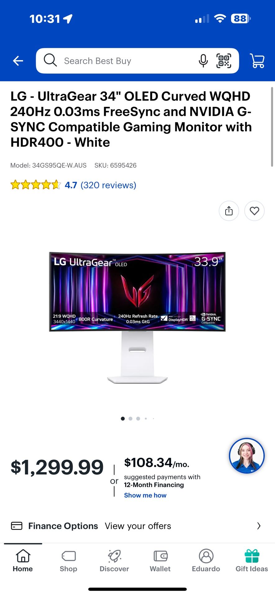 LG 34” Oled Gaming Monitor 240hz 0.3ms Refresh Rate