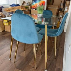 Light Blue Gold Modern Velvet Glass Dining Set 