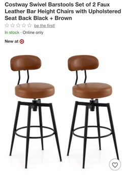 Swivel Barstools Set of 2 Faux Leather Bar Height Chairs with Upholstered Seat Back Black + Brown $100