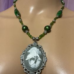 Handmade Glass Bead Dolphin Cameo Pendant Statement Necklace Green