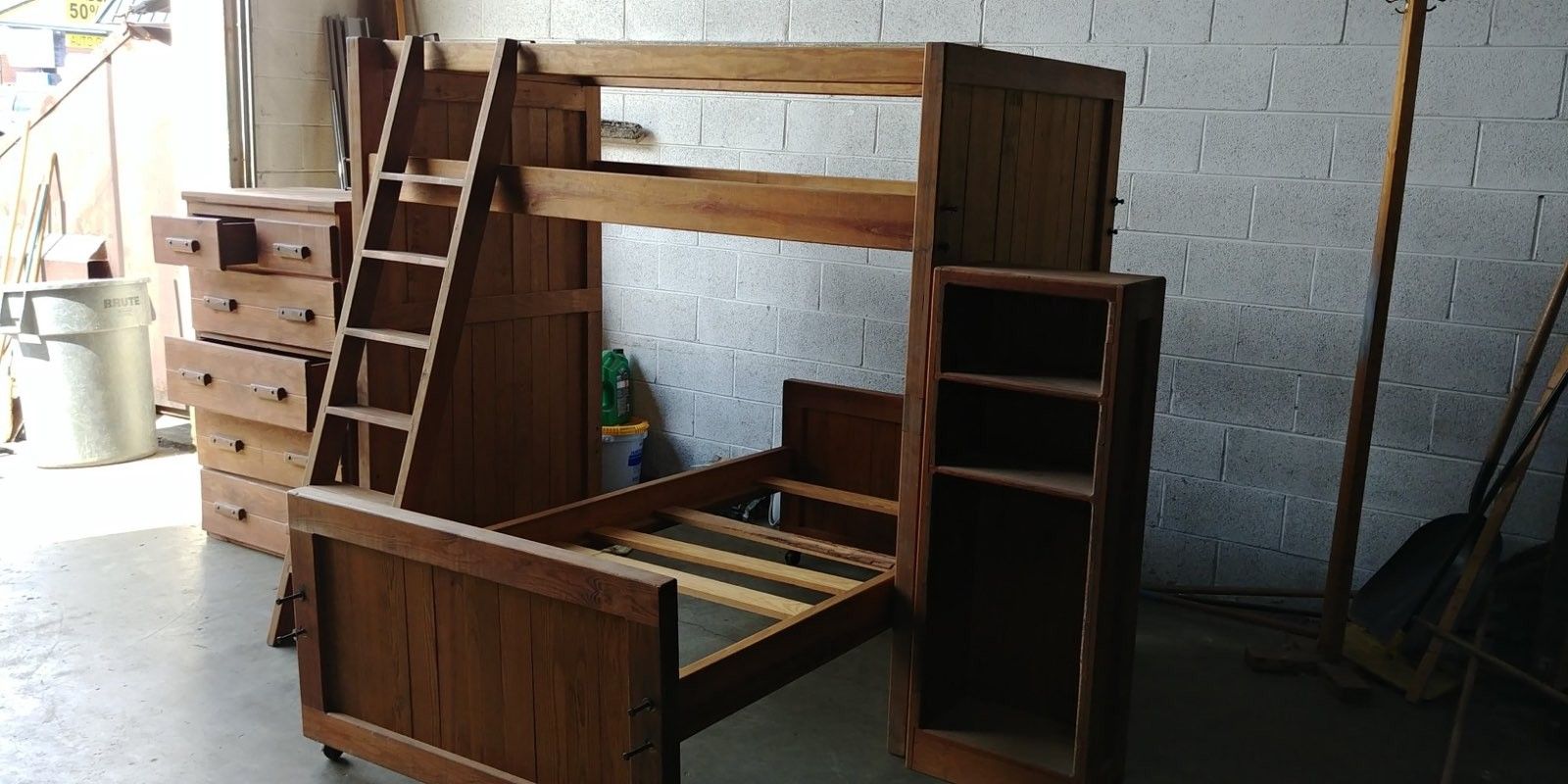 Vintage This end up Loft Bunk bed With Extra Twin Bed , Book Shelf And Drawers 