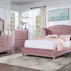 Brand New Pink Velvet 4pc Full Bedroom Set (Full Size Available)