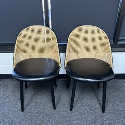 Dining Chair with PE Rattan Back & PU Leather Upholstered (Set Of 2)