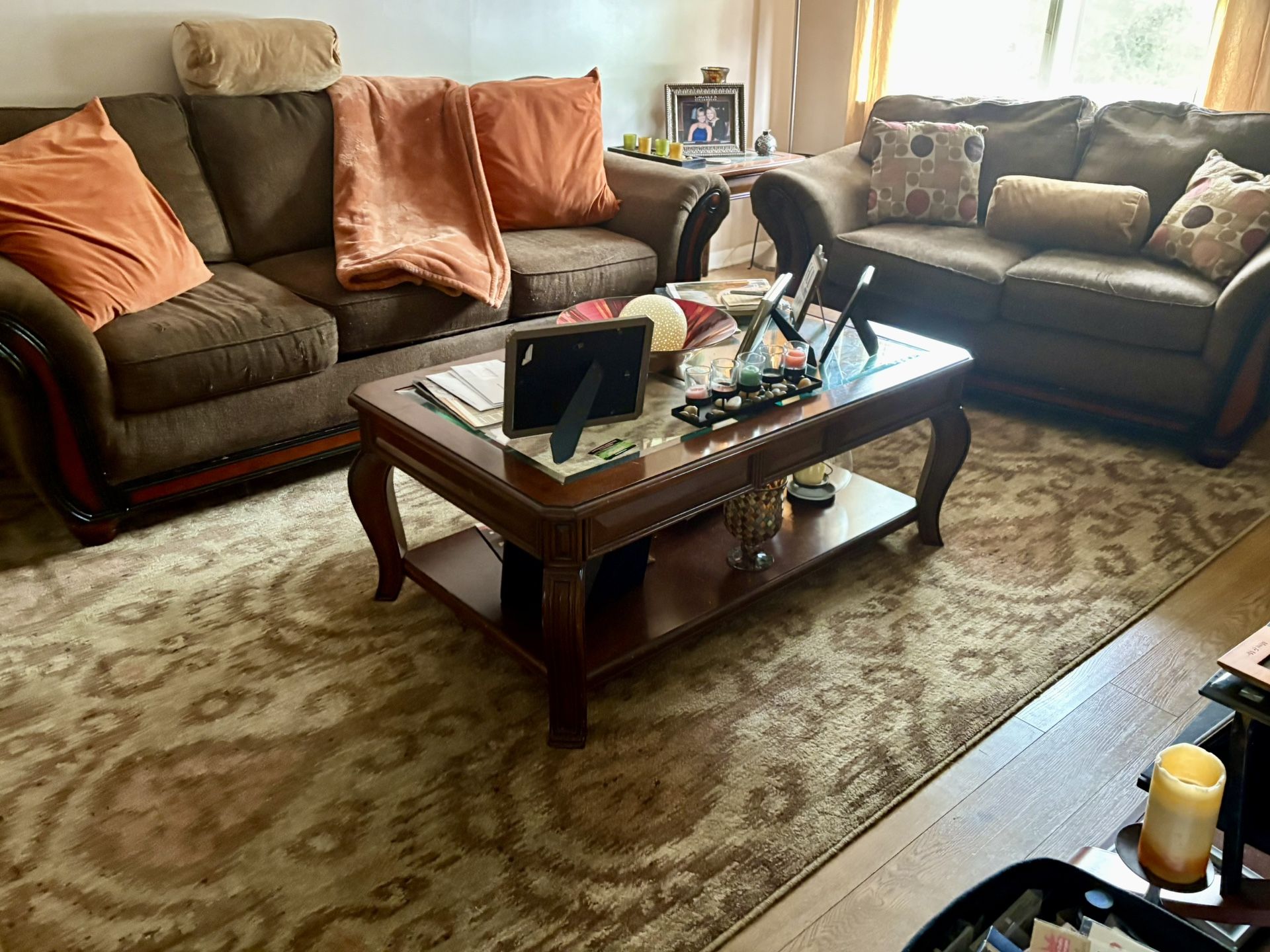 Five Piece Living Room Set With Area, Rug, And Decorative Pillows