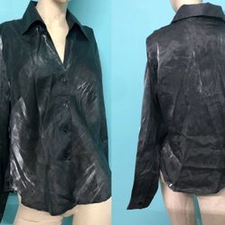 Vtg 90s Women’s Black Metallic Shiny Shimmer Retro Collared Button Down Blouse L