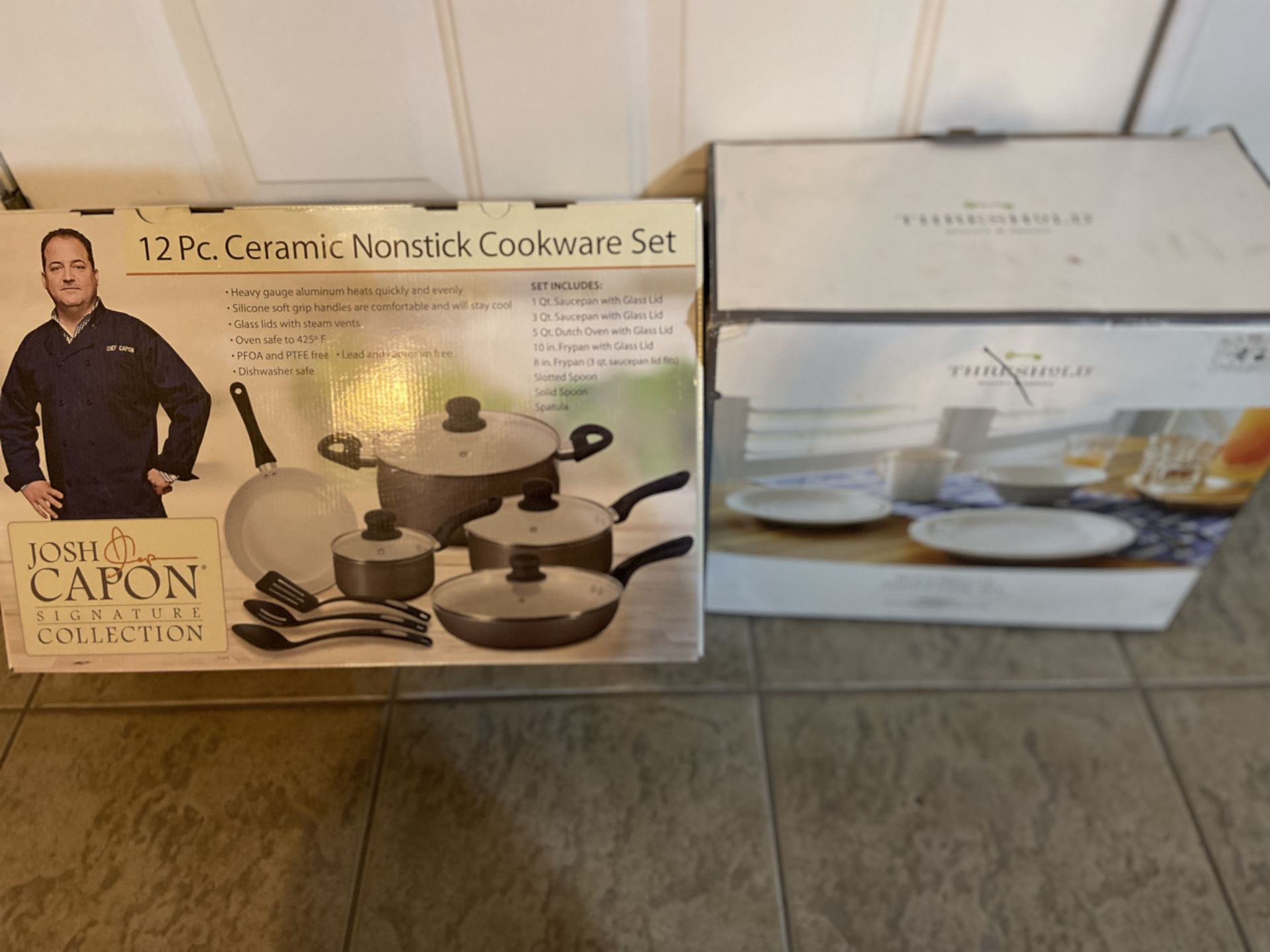 NEW JOSH CAPON SIGNATURE COLLECTION 12 PIECE CERAMIC NONSTICK COOKWARE SET W THRESHOLD 16 PIECE DINNERWARE SET.