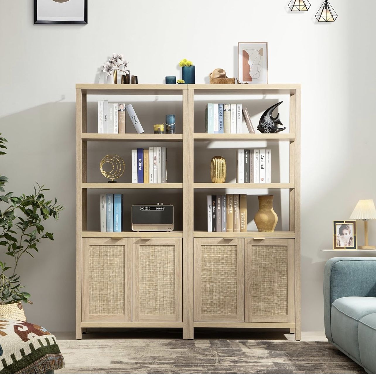 Set Of 2 Bookshelf 5 Tier Book Shelf Rattan Boho 71" Tall Bookcase with Doors Storage Shelves Large Bookshelves Farmhouse Bookcases Library Book Case