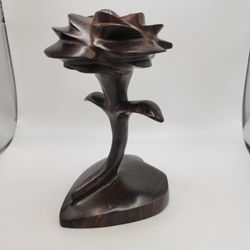 Vintage Hand Carved 6" Single Dark Wooden Rose with Heart Shaped Base 
