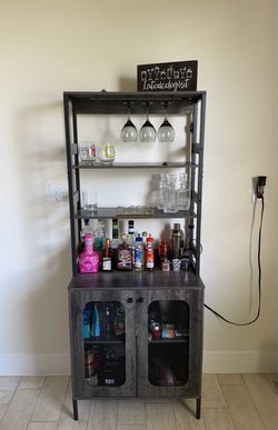 Industrial Bar Cabinet with Wine Glass Rack and Lights