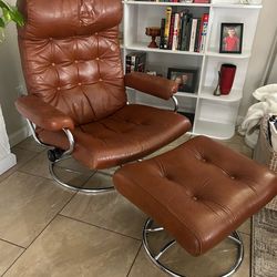 Vintage 1971 Mid Century Ekornes Stressless Caramel Leather Recliner and Ottoman