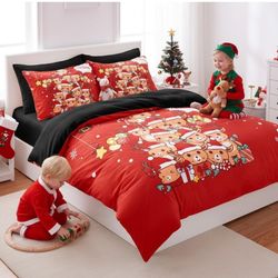 Kids Christmas Comforter Set Twin Size, Black Red Cartoon Xmas Elk Bedding Set for Boys Teens Bedroom Decor, 2 Pcs Soft Microfiber Quilted Comforter w