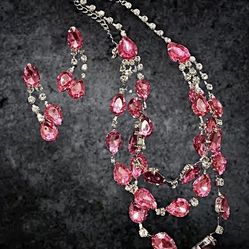 Pink Rhinestone Necklace And Earring Set