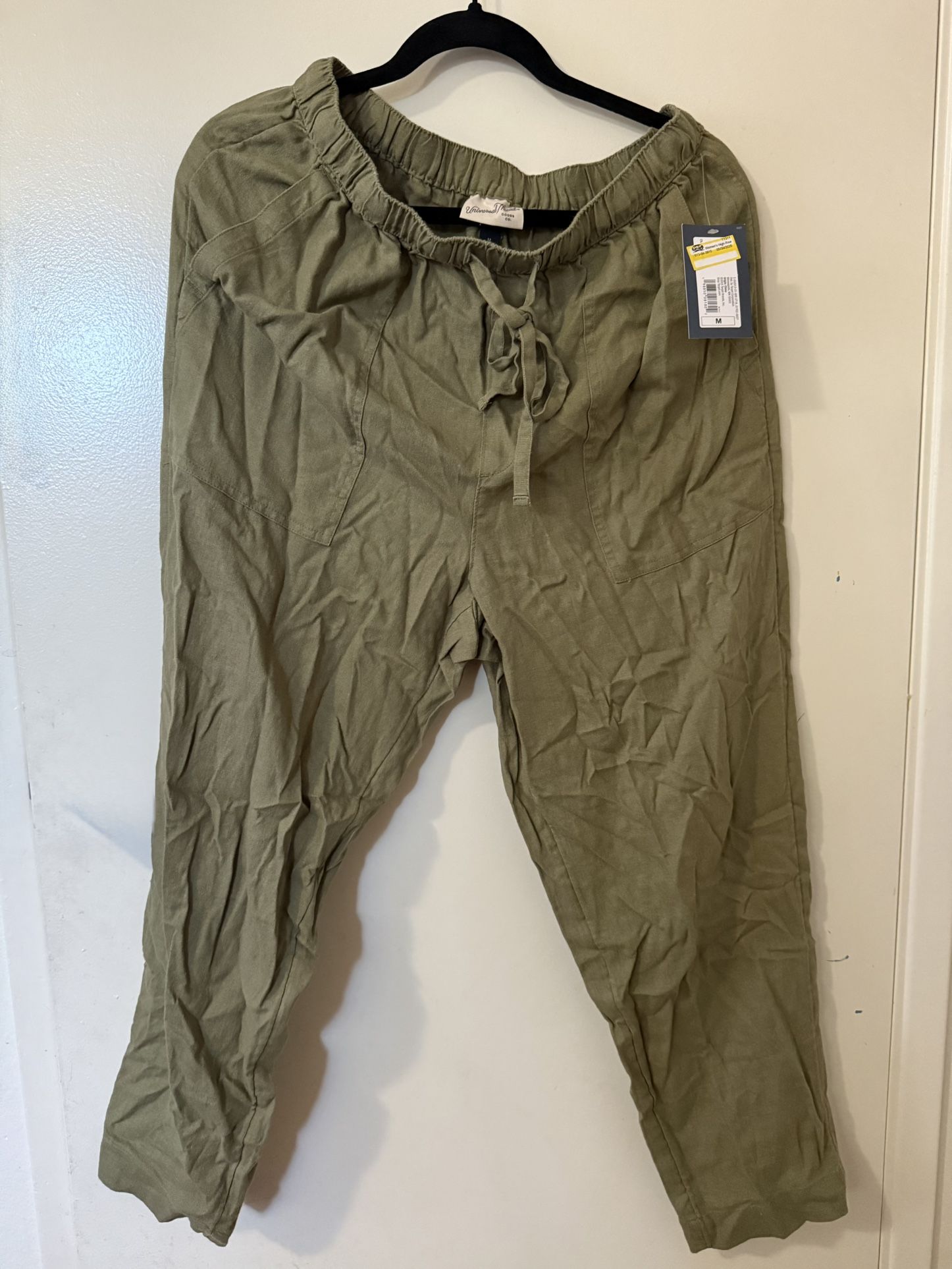Olive Green women’s linen-blend jogger pants or casual drawstring utility pants.
