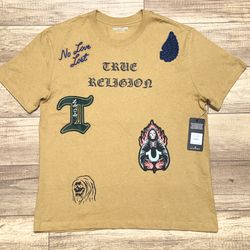 True Religion Caramel Embroidered Patch Skull World Tour Graphic T Shirt Mens L