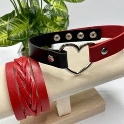 ♥️ 🖤 Black/Red Leather Heart Choker & Wristband - Custom Set Heart Series
