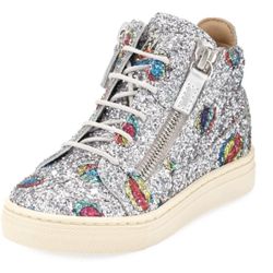  Giuseppe Zanotti Glittered Balloon Leather High-Top Sneakers in Silver, Size 24/7.5 US