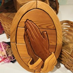 Praying Hands JESUS CHRIST Original Vintage Fine Art SOLID WOOD SCULPTURE Plaque Antique Oak Wooden Prayer Collectible Religion Christianity HILLCREST
