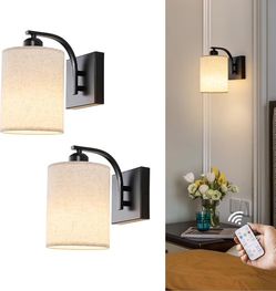 Black Rechargeable Battery Operated Wall Sconces Set of 2 with Remote, Wireless Dimmable Battery Powered LED Wall Lights, Cordless Wall Lighting Lamp 