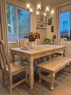 Rustic Farmhouse Solid Wood Dining Set – Table, Chairs & Bench