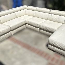 White Leather Natuzzi U Shape Sectional Couch Sofa 