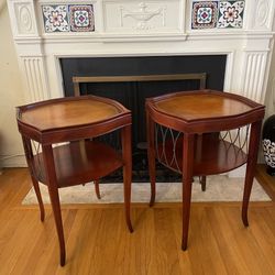 Pair of Vintage Side Tables Leather-wrapped Tops