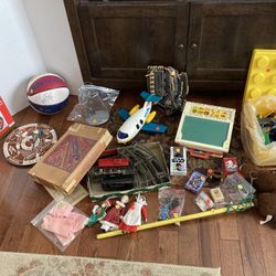 Various Vintage Toys - Fisher Price Plane School, Streamline Train, Harlem Globetrotters Autographed Basketball, LEGO Box, Hobby Horse, Dolls, Cars