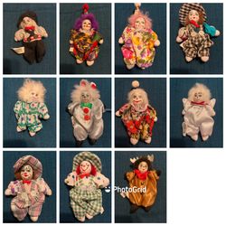 Vintage Hand Painted Porcelain Clown Dolls Set Of 11