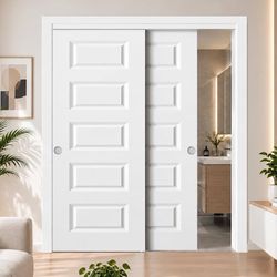 JUBEST 72” x 80” Bypass Sliding Closet Doors 5-Panel White Primed with Hardware