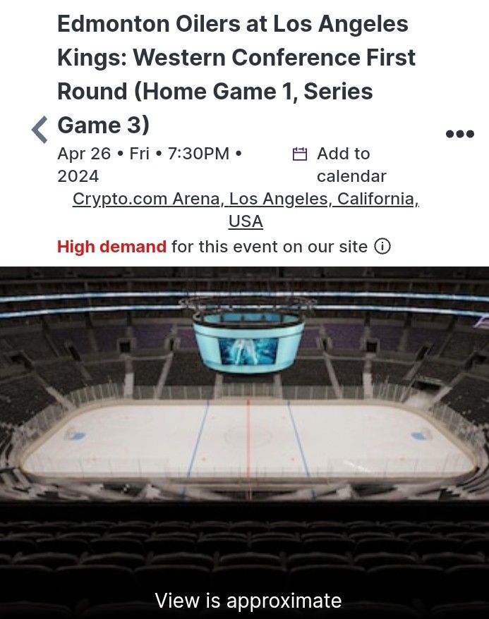 Kings Oilers Fri Night ,Center ice, $100